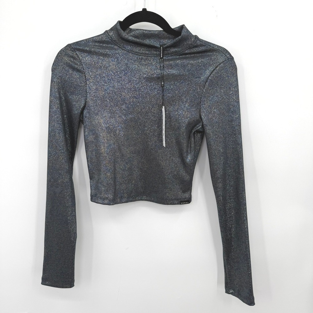 Koral Luca Rib LS Crop Top Women S Stretch Metallic Goth Rave Festival Disco